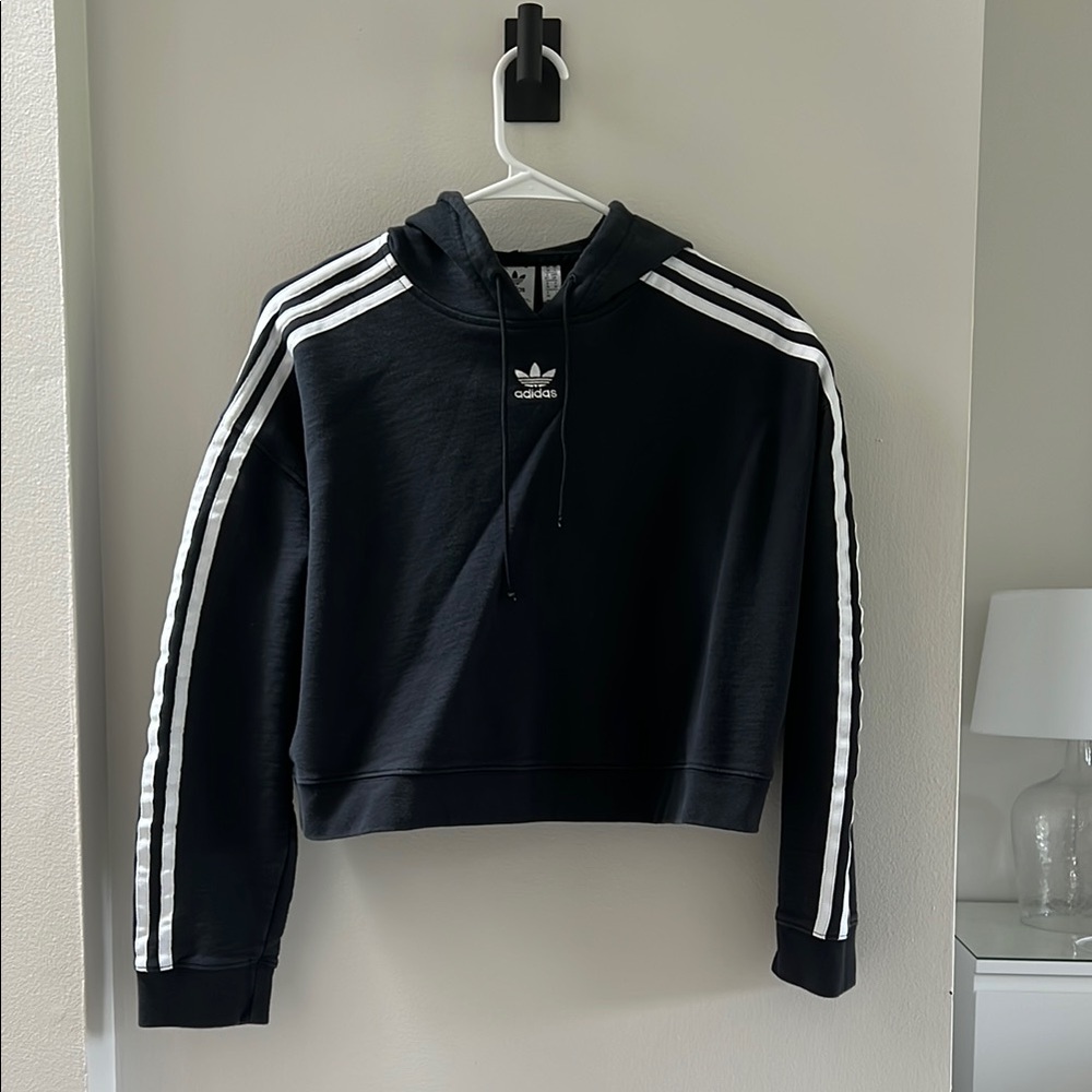 Women’s S Cropped Adidas Black Hoodie with White Accents